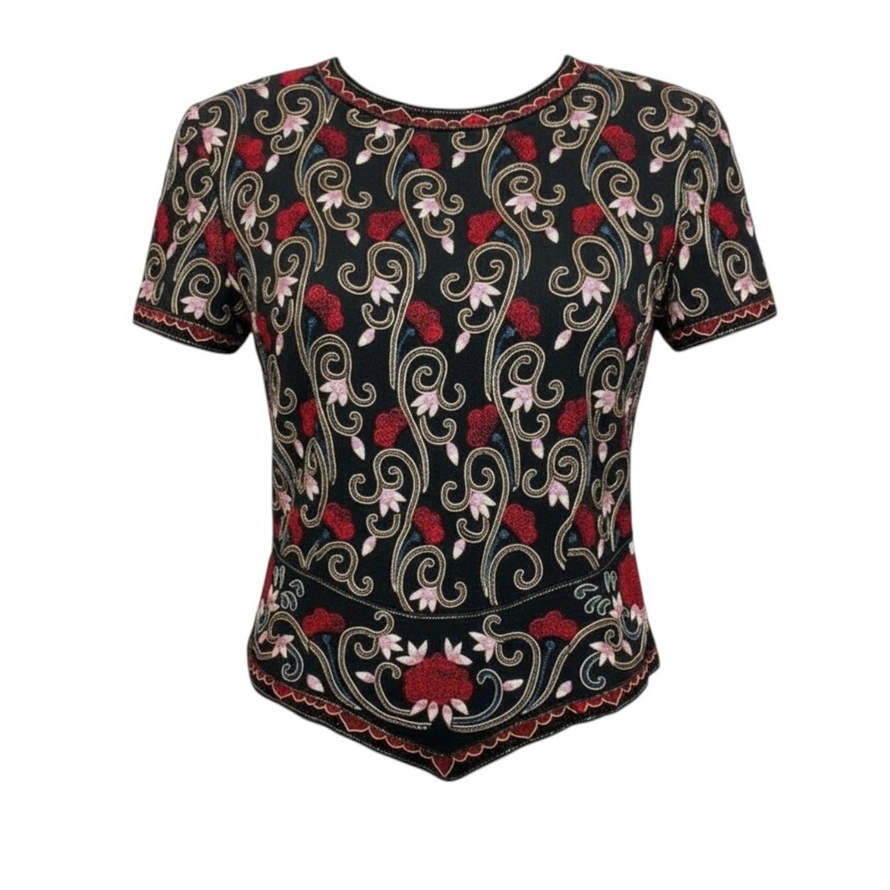 Papell Boutique Womens Silk Beaded Floral Top L Black Embroidered Glam Art Deco